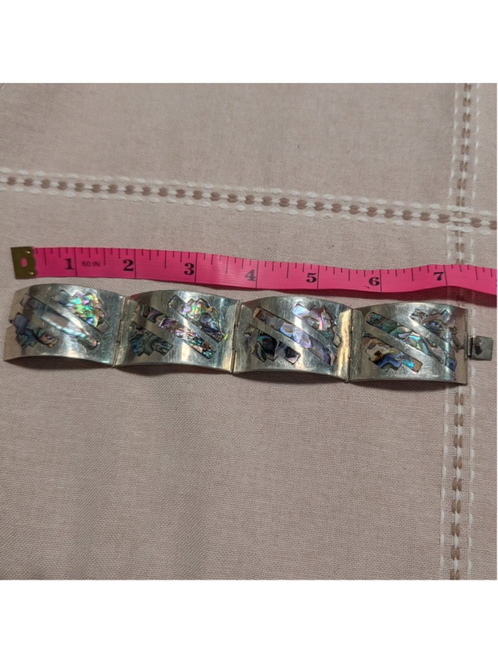 Vintage Taxco Mexico Abalone Shell Inlay Panel Bracelet Wide Statement Cuff MCM - Picture 9 of 9